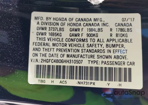 2017 Honda Civic Lx-P z USA, uszkodzony, nr VIN 2HGFC4B06HH310507
